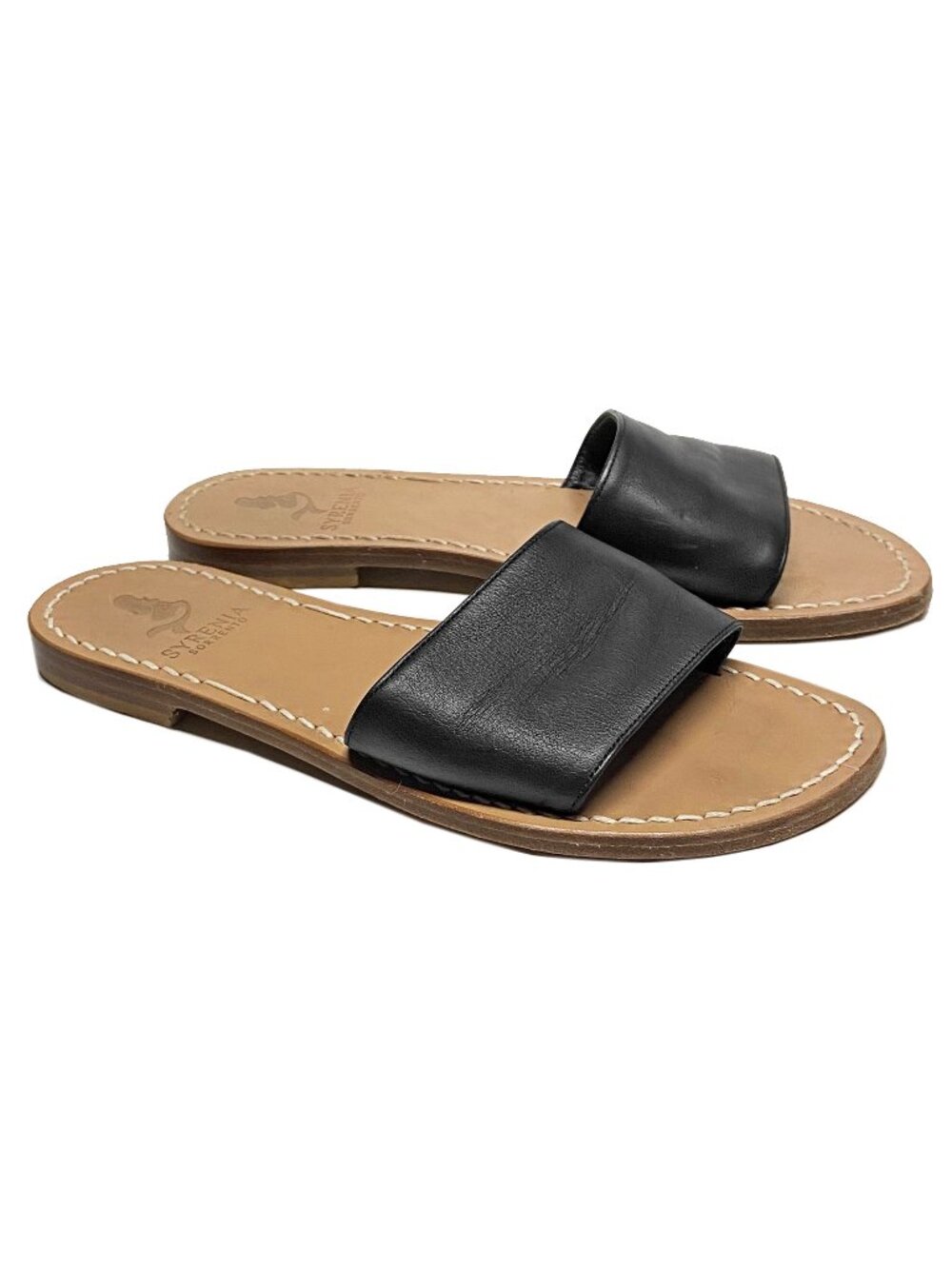 Syrenia Sorrento Black Leather Wide Strap Slide Sandals EU 39 US 8 Made in Italy